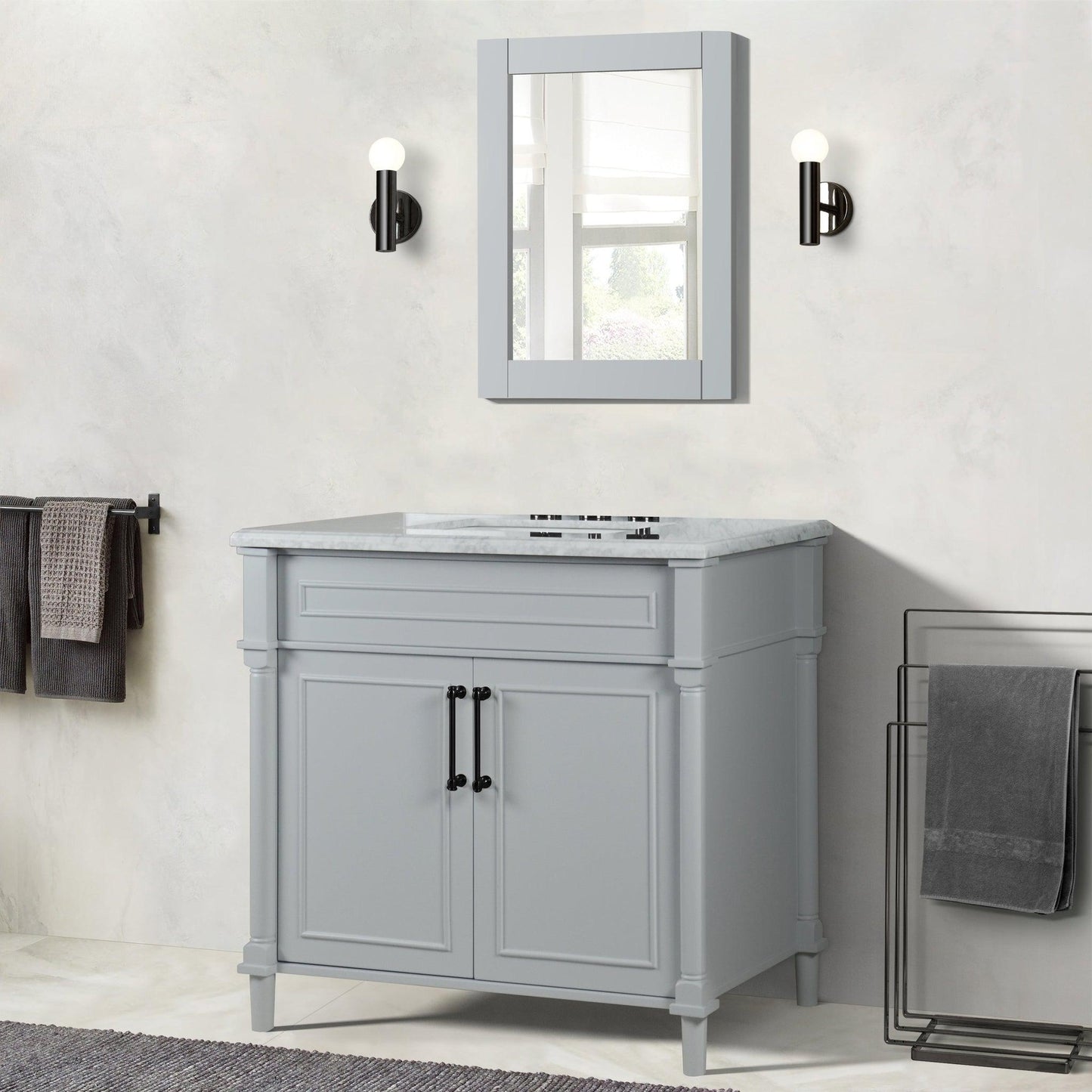 Bellaterra Home Napa 36" 2-Door Gray Freestanding Vanity Set With Ceramic Undermount Rectangular Sink and White Carrara Marble Top, and Black Hardware
