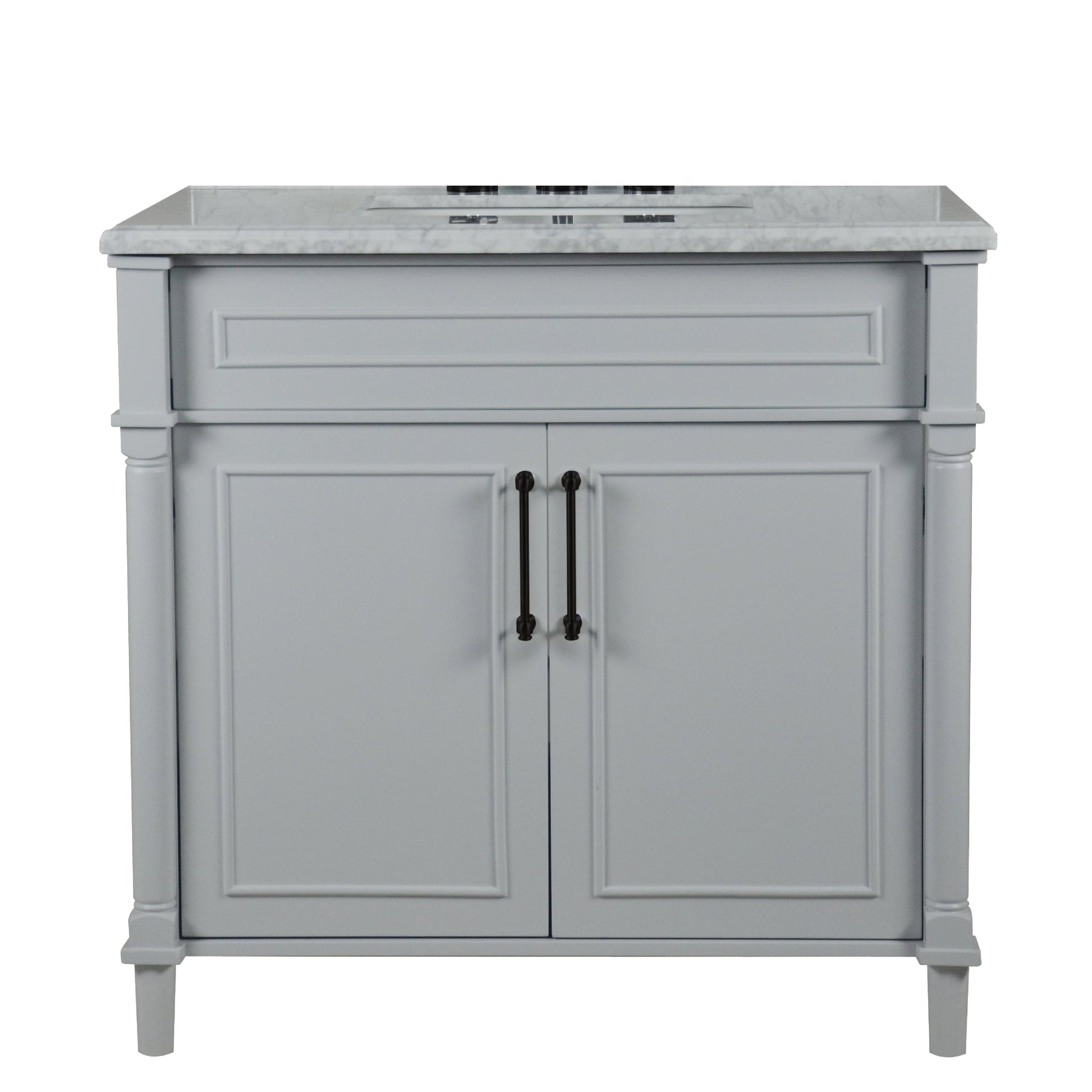 Bellaterra Home Napa 36" 2-Door Gray Freestanding Vanity Set With Ceramic Undermount Rectangular Sink and White Carrara Marble Top, and Black Hardware