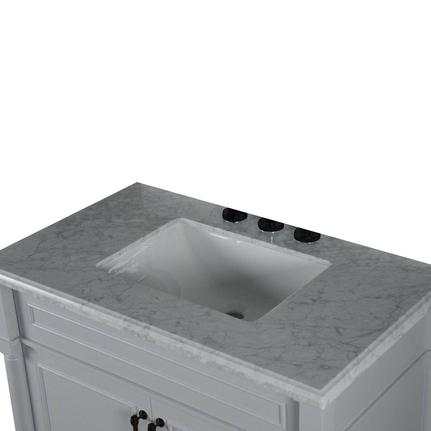 Bellaterra Home Napa 36" 2-Door Gray Freestanding Vanity Set With Ceramic Undermount Rectangular Sink and White Carrara Marble Top, and Black Hardware