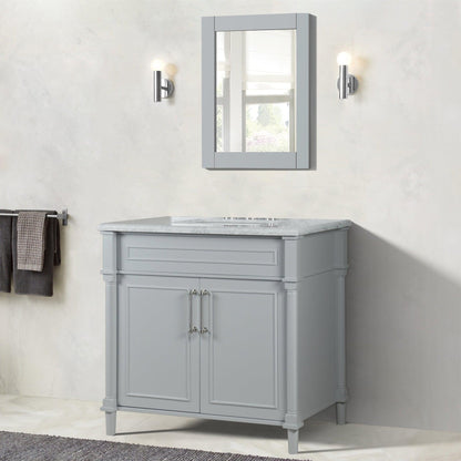 Bellaterra Home Napa 36" 2-Door Gray Freestanding Vanity Set With Ceramic Undermount Rectangular Sink and White Carrara Marble Top, and Brushed Nickel Hardware