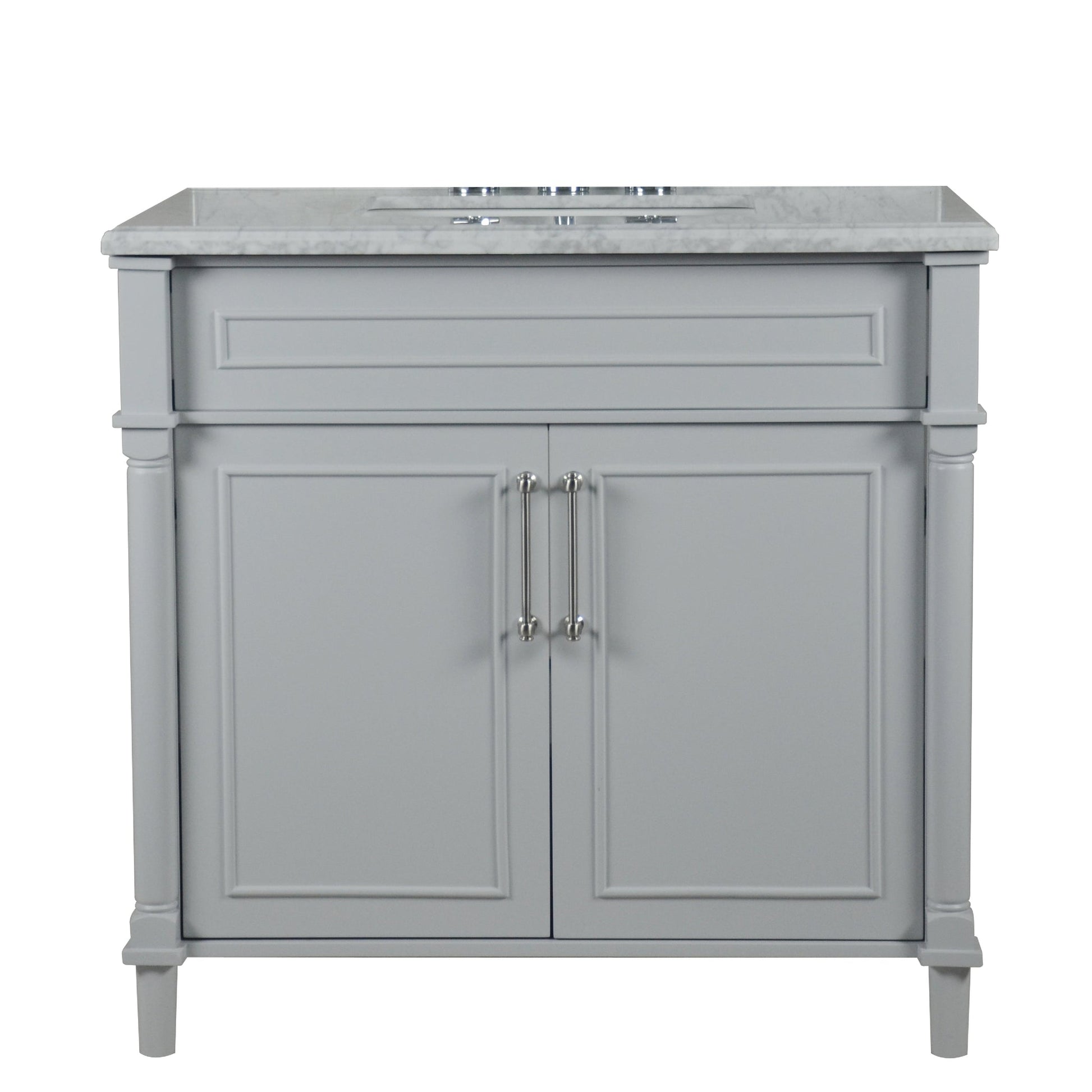 Bellaterra Home Napa 36" 2-Door Gray Freestanding Vanity Set With Ceramic Undermount Rectangular Sink and White Carrara Marble Top, and Brushed Nickel Hardware