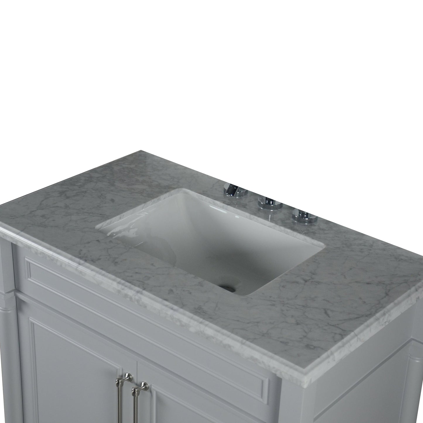 Bellaterra Home Napa 36" 2-Door Gray Freestanding Vanity Set With Ceramic Undermount Rectangular Sink and White Carrara Marble Top, and Brushed Nickel Hardware