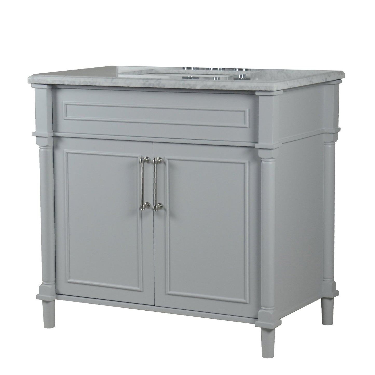 Bellaterra Home Napa 36" 2-Door Gray Freestanding Vanity Set With Ceramic Undermount Rectangular Sink and White Carrara Marble Top, and Brushed Nickel Hardware