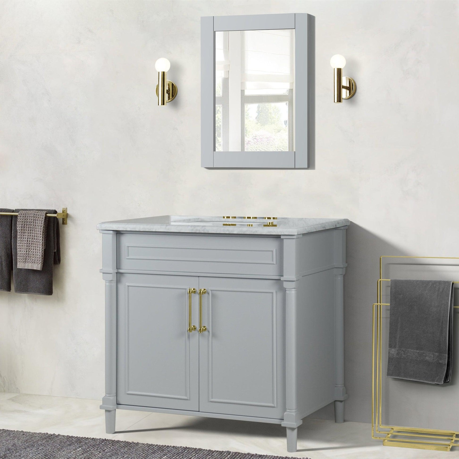 Bellaterra Home Napa 36" 2-Door Gray Freestanding Vanity Set With Ceramic Undermount Rectangular Sink and White Carrara Marble Top, and Gold Hardware