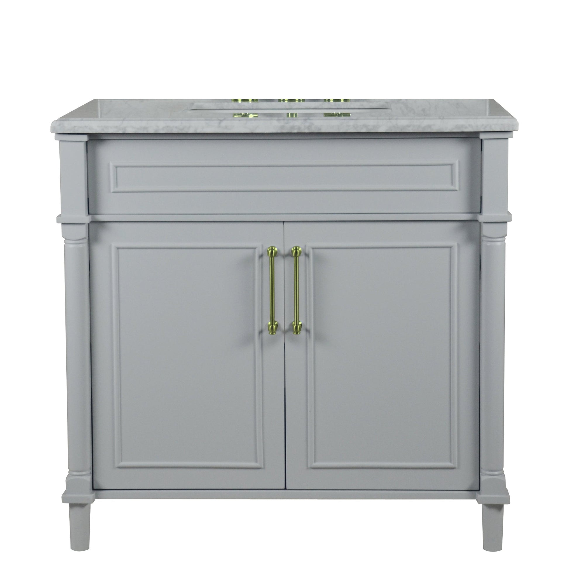 Bellaterra Home Napa 36" 2-Door Gray Freestanding Vanity Set With Ceramic Undermount Rectangular Sink and White Carrara Marble Top, and Gold Hardware