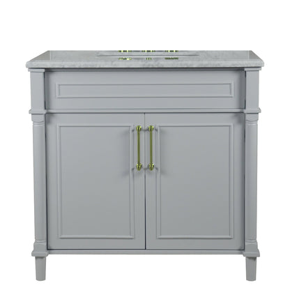 Bellaterra Home Napa 36" 2-Door Gray Freestanding Vanity Set With Ceramic Undermount Rectangular Sink and White Carrara Marble Top, and Gold Hardware