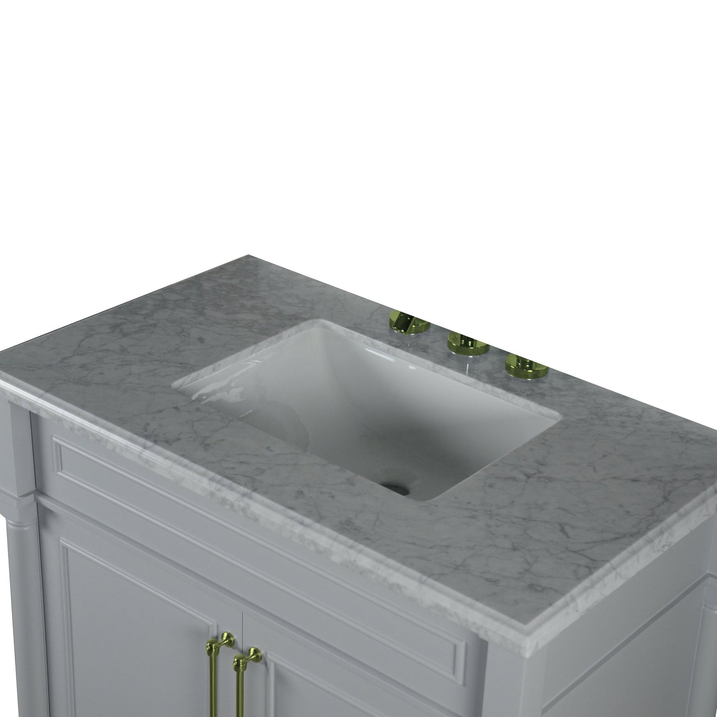 Bellaterra Home Napa 36" 2-Door Gray Freestanding Vanity Set With Ceramic Undermount Rectangular Sink and White Carrara Marble Top, and Gold Hardware