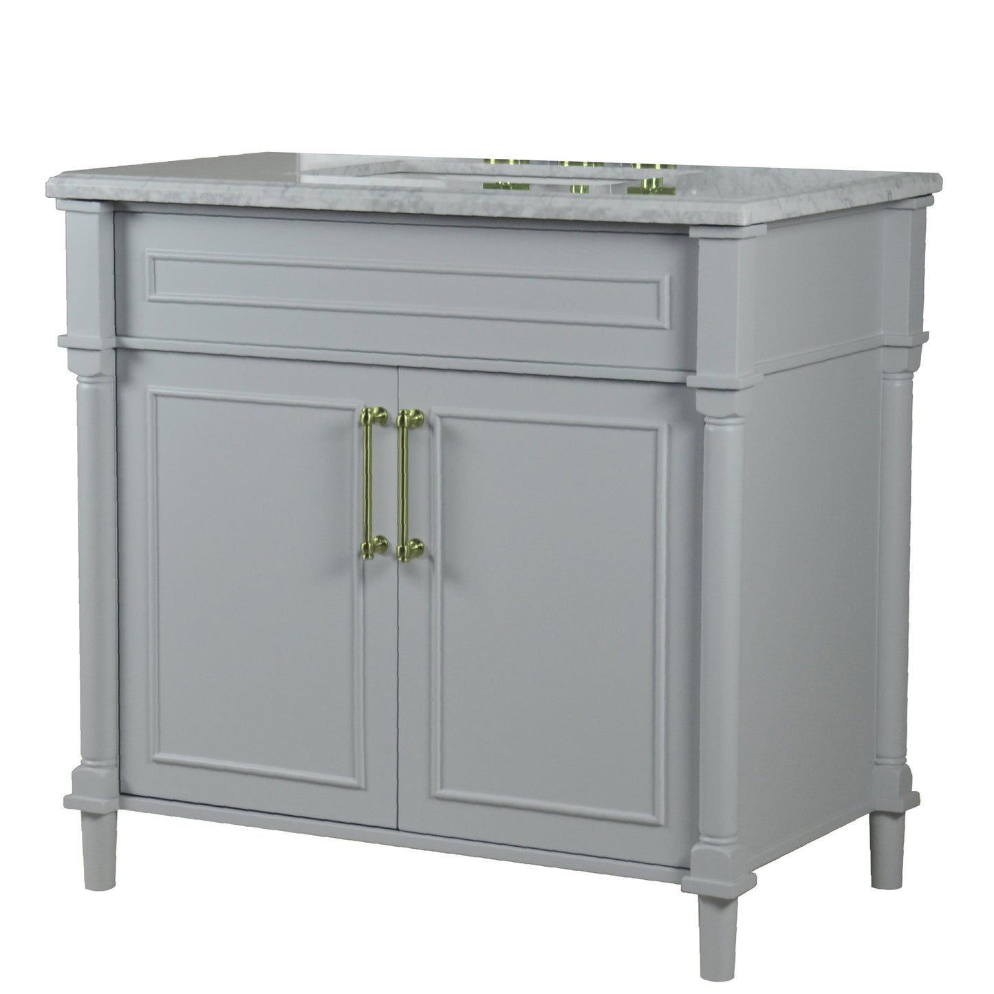 Bellaterra Home Napa 36" 2-Door Gray Freestanding Vanity Set With Ceramic Undermount Rectangular Sink and White Carrara Marble Top, and Gold Hardware
