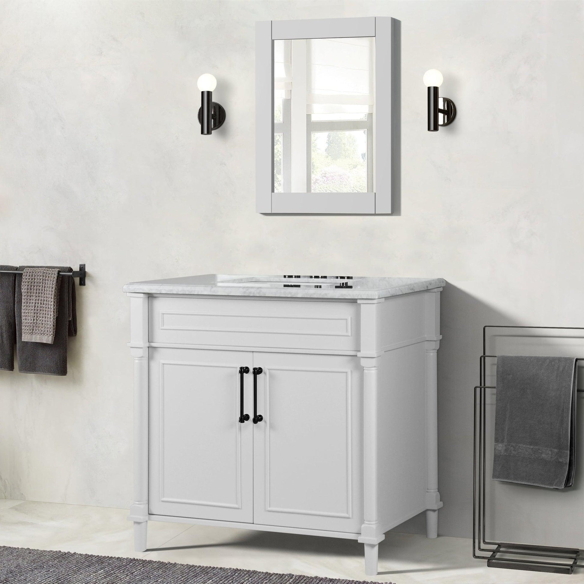 Bellaterra Home Napa 36" 2-Door White Freestanding Vanity Set With Ceramic Undermount Rectangular Sink and White Carrara Marble Top, and Black Hardware