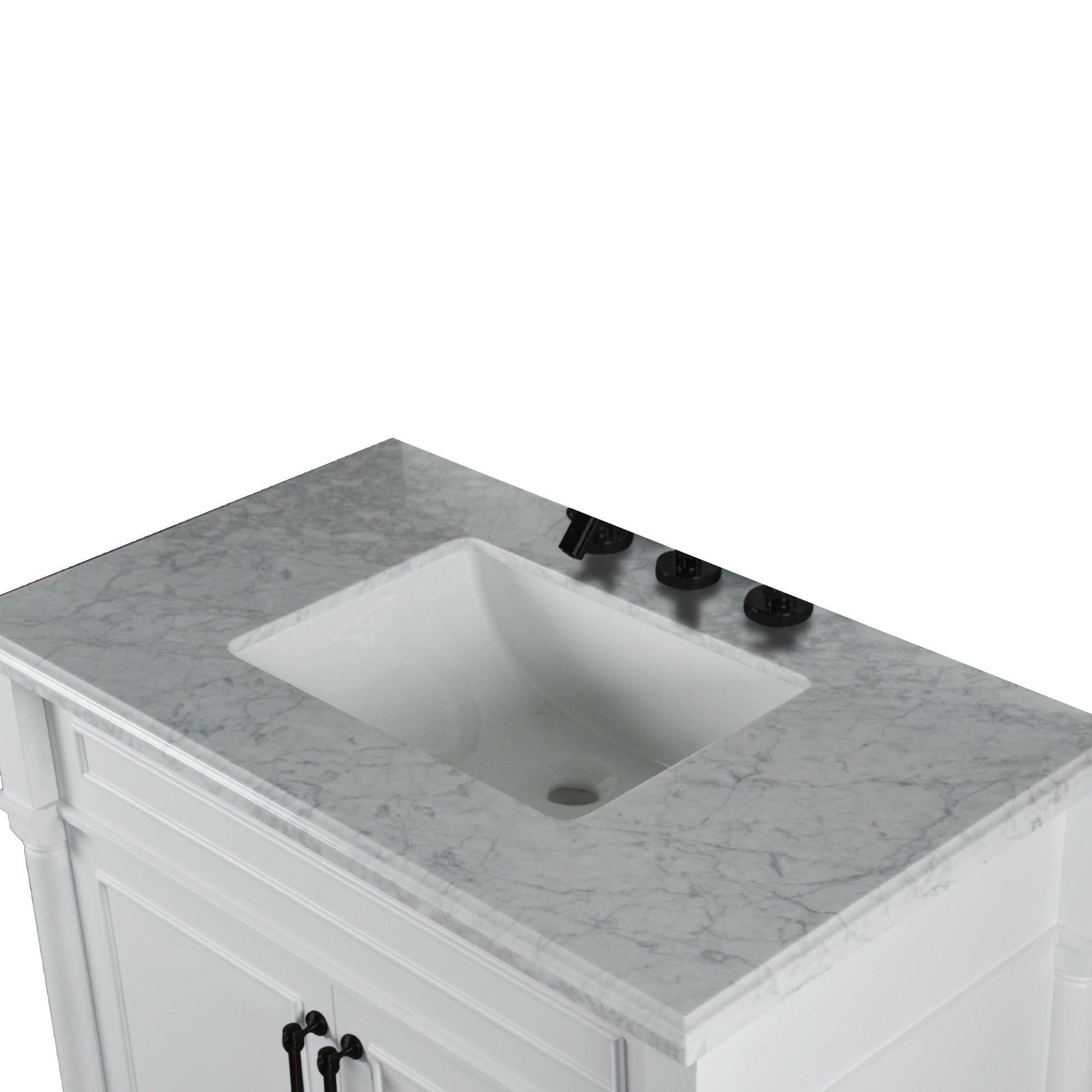 Bellaterra Home Napa 36" 2-Door White Freestanding Vanity Set With Ceramic Undermount Rectangular Sink and White Carrara Marble Top, and Black Hardware