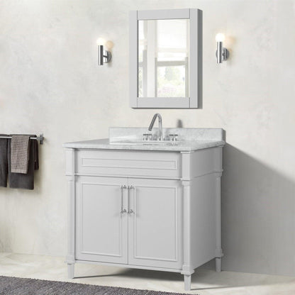 Bellaterra Home Napa 36" 2-Door White Freestanding Vanity Set With Ceramic Undermount Rectangular Sink and White Carrara Marble Top, and Brushed Nickel Hardware