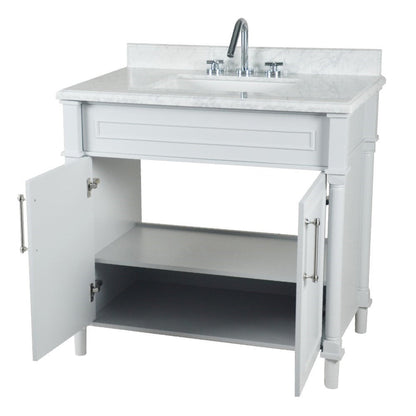 Bellaterra Home Napa 36" 2-Door White Freestanding Vanity Set With Ceramic Undermount Rectangular Sink and White Carrara Marble Top, and Brushed Nickel Hardware