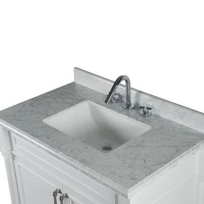 Bellaterra Home Napa 36" 2-Door White Freestanding Vanity Set With Ceramic Undermount Rectangular Sink and White Carrara Marble Top, and Brushed Nickel Hardware