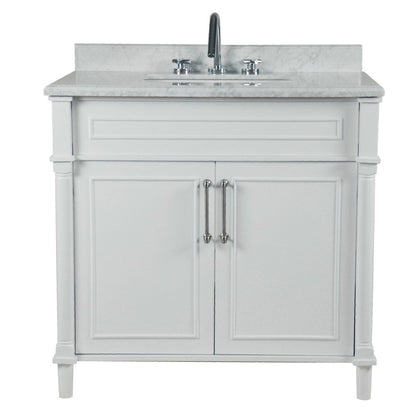 Bellaterra Home Napa 36" 2-Door White Freestanding Vanity Set With Ceramic Undermount Rectangular Sink and White Carrara Marble Top, and Brushed Nickel Hardware