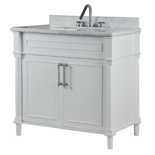 Bellaterra Home Napa 36" 2-Door White Freestanding Vanity Set With Ceramic Undermount Rectangular Sink and White Carrara Marble Top, and Brushed Nickel Hardware