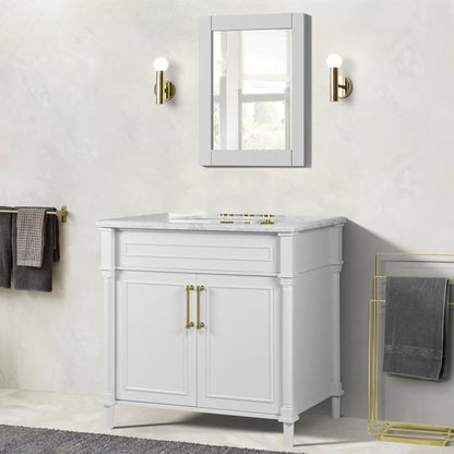 Bellaterra Home Napa 36" 2-Door White Freestanding Vanity Set With Ceramic Undermount Rectangular Sink and White Carrara Marble Top, and Gold Hardware