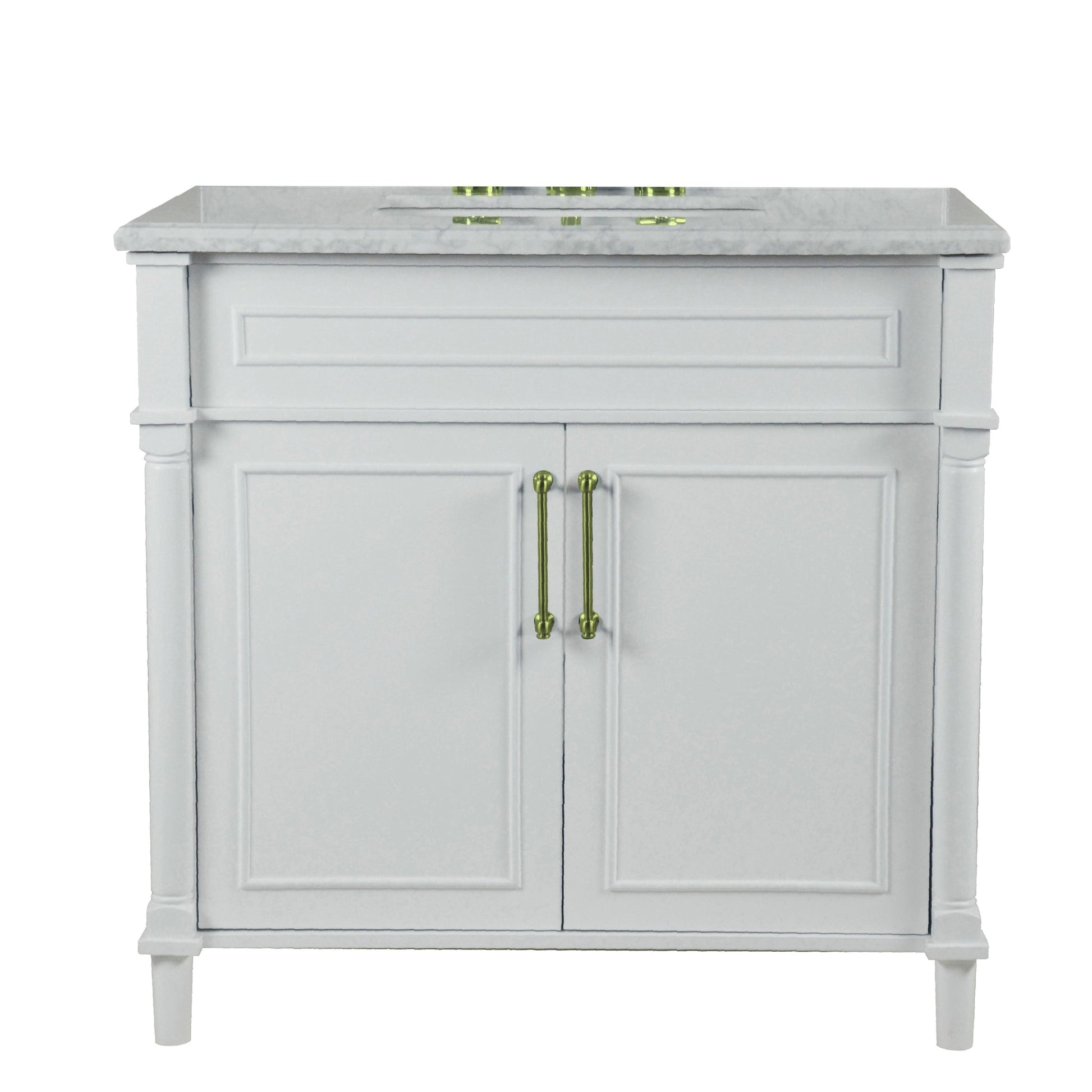 Bellaterra Home Napa 36" 2-Door White Freestanding Vanity Set With Ceramic Undermount Rectangular Sink and White Carrara Marble Top, and Gold Hardware