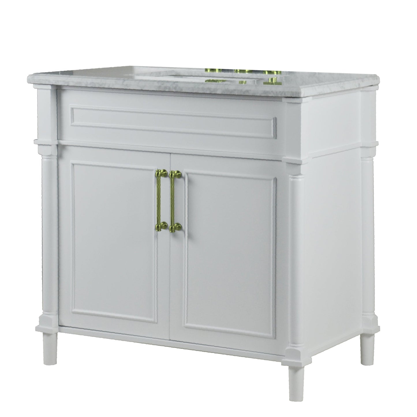 Bellaterra Home Napa 36" 2-Door White Freestanding Vanity Set With Ceramic Undermount Rectangular Sink and White Carrara Marble Top, and Gold Hardware