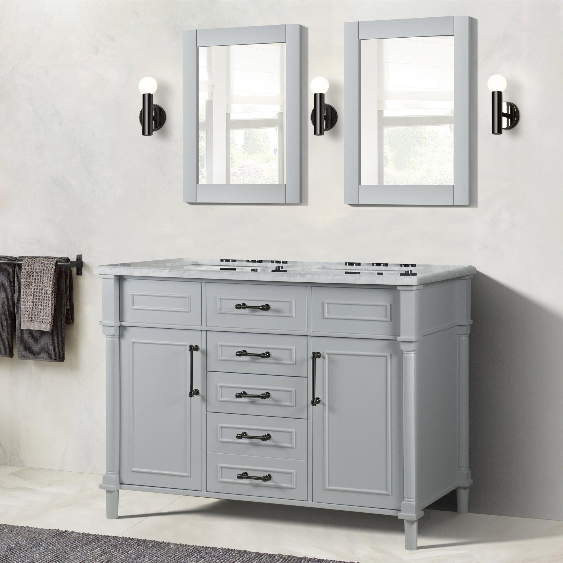Bellaterra Home Napa 48" 2-Door 4-Drawer Gray Freestanding Vanity Set With Ceramic Double Undermount Rectangular Sink and White Carrara Marble Top, and Black Hardware