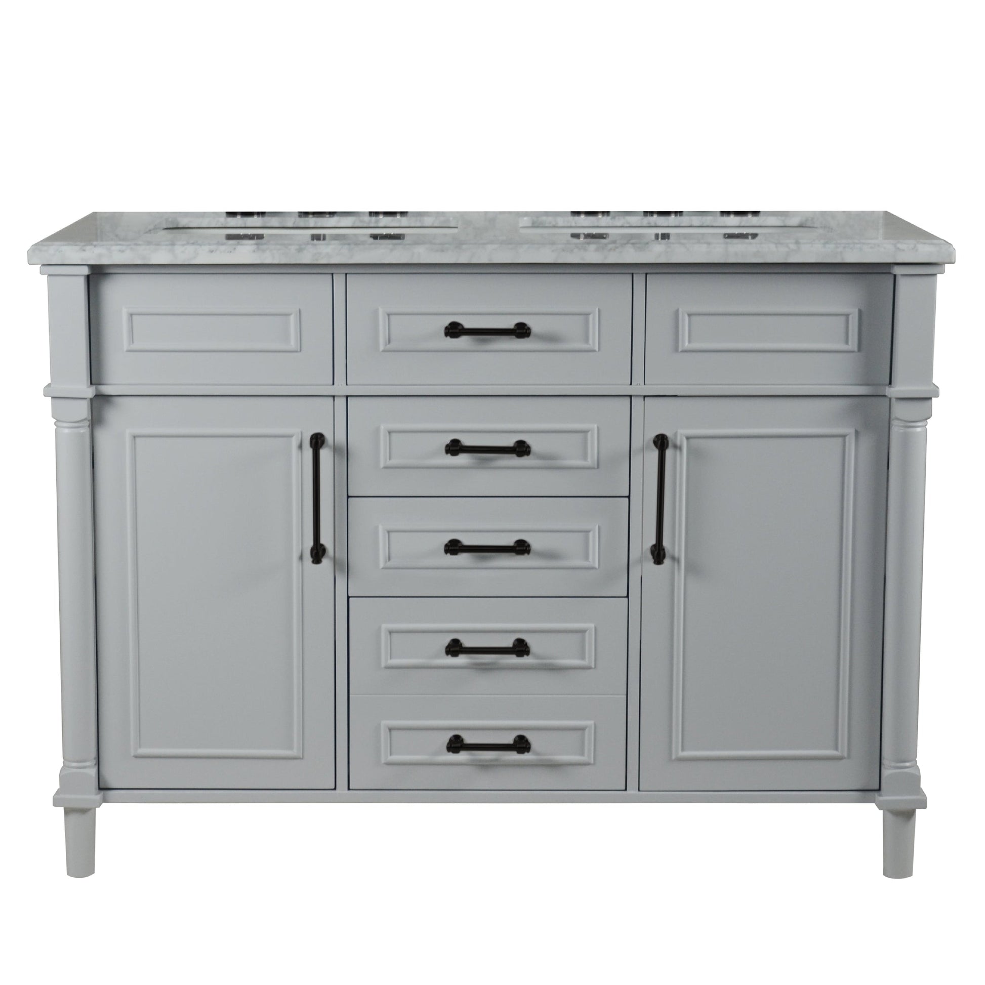 Bellaterra Home Napa 48" 2-Door 4-Drawer Gray Freestanding Vanity Set With Ceramic Double Undermount Rectangular Sink and White Carrara Marble Top, and Black Hardware