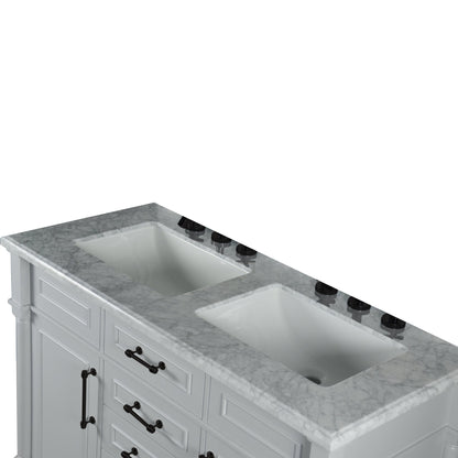 Bellaterra Home Napa 48" 2-Door 4-Drawer Gray Freestanding Vanity Set With Ceramic Double Undermount Rectangular Sink and White Carrara Marble Top, and Black Hardware