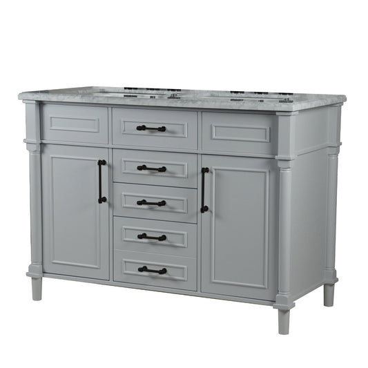 Bellaterra Home Napa 48" 2-Door 4-Drawer Gray Freestanding Vanity Set With Ceramic Double Undermount Rectangular Sink and White Carrara Marble Top, and Black Hardware