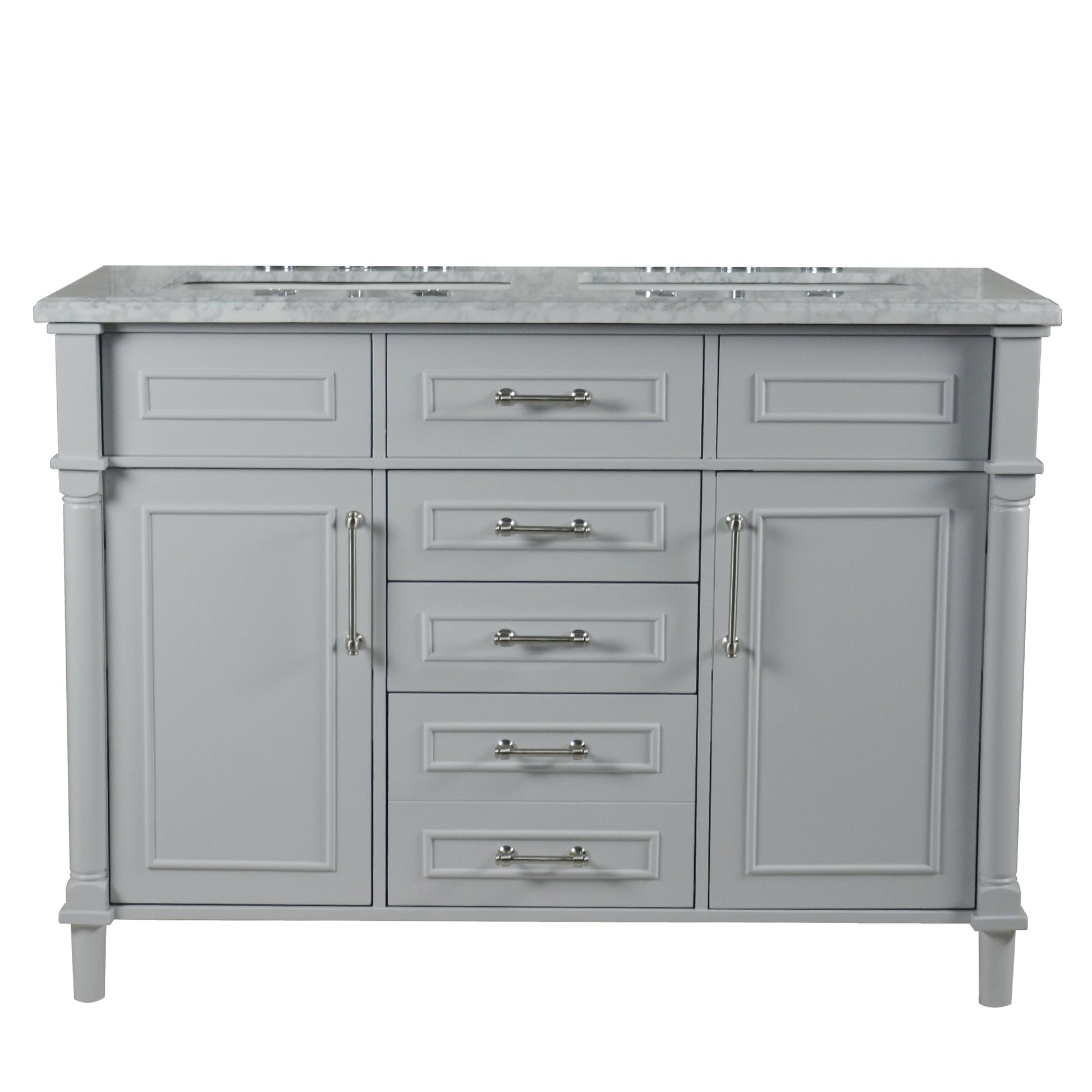 Bellaterra Home Napa 48" 2-Door 4-Drawer Gray Freestanding Vanity Set With Ceramic Double Undermount Rectangular Sink and White Carrara Marble Top, and Brushed Nickel Hardware