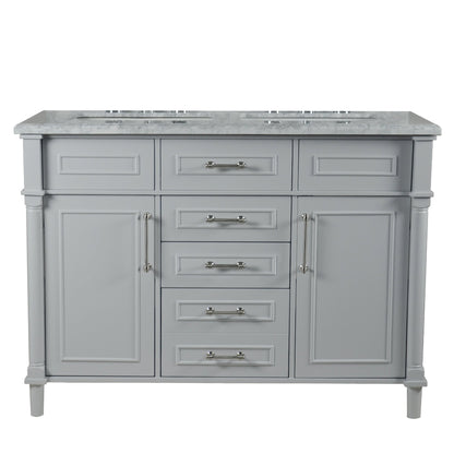 Bellaterra Home Napa 48" 2-Door 4-Drawer Gray Freestanding Vanity Set With Ceramic Double Undermount Rectangular Sink and White Carrara Marble Top, and Brushed Nickel Hardware