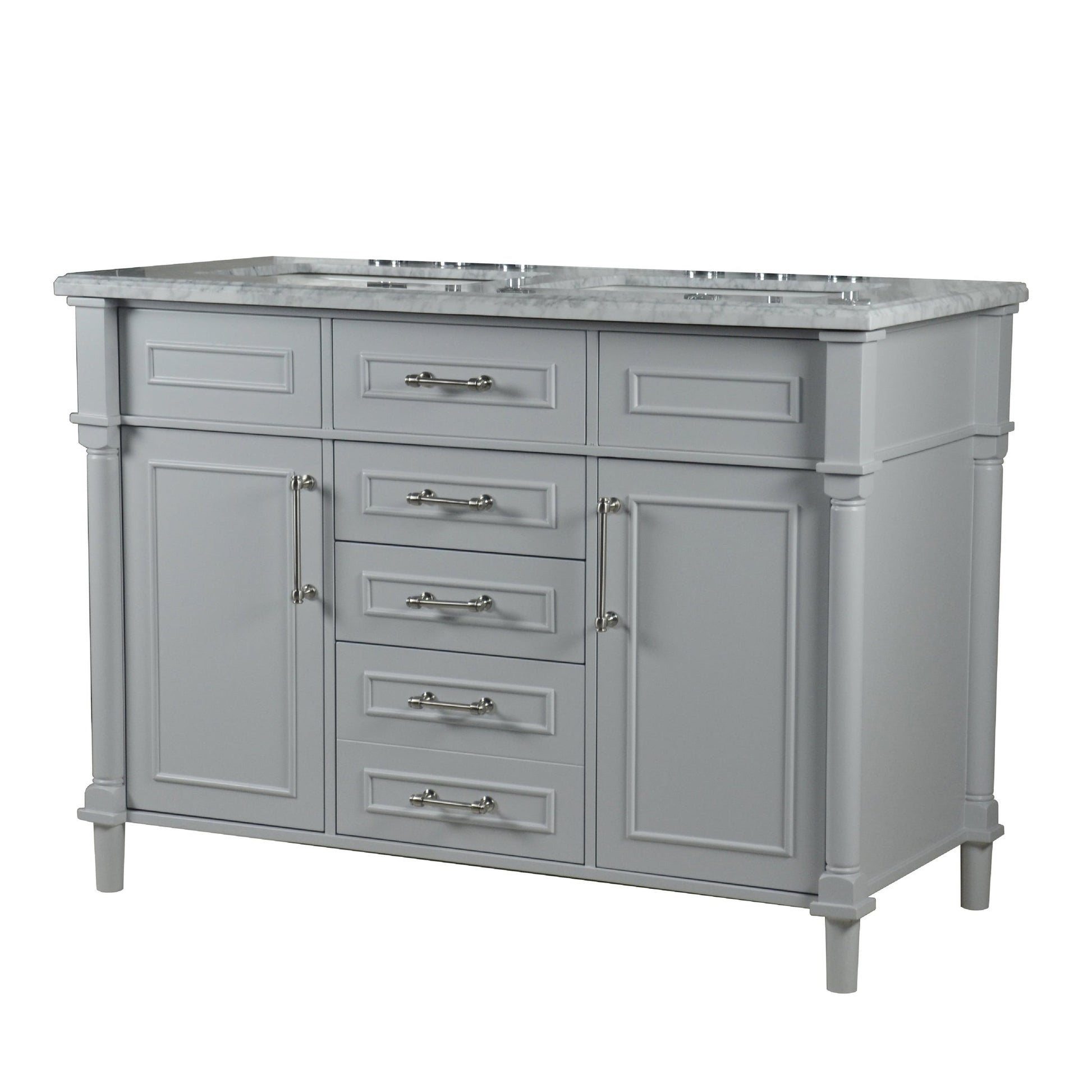 Bellaterra Home Napa 48" 2-Door 4-Drawer Gray Freestanding Vanity Set With Ceramic Double Undermount Rectangular Sink and White Carrara Marble Top, and Brushed Nickel Hardware