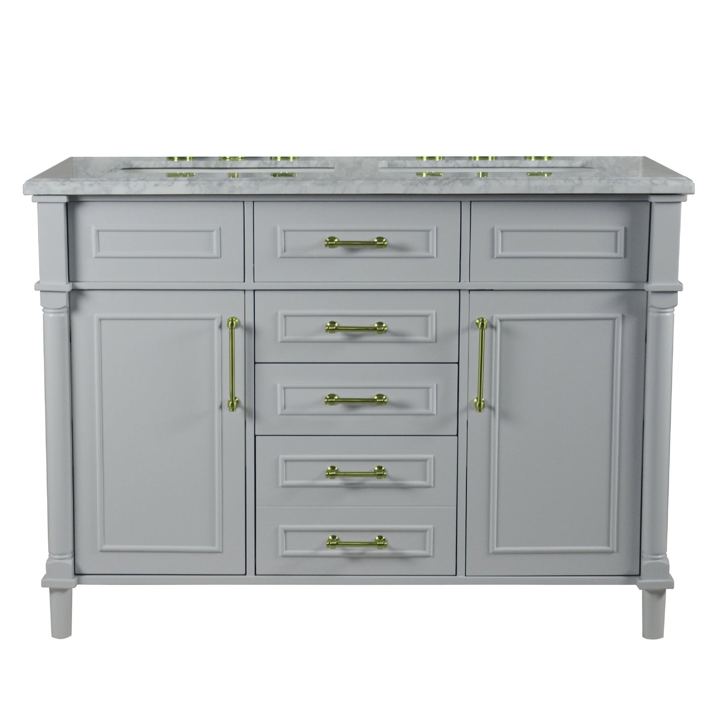 Bellaterra Home Napa 48" 2-Door 4-Drawer Gray Freestanding Vanity Set With Ceramic Double Undermount Rectangular Sink and White Carrara Marble Top, and Gold Hardware