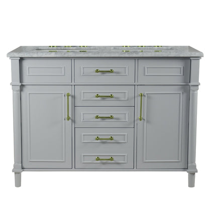 Bellaterra Home Napa 48" 2-Door 4-Drawer Gray Freestanding Vanity Set With Ceramic Double Undermount Rectangular Sink and White Carrara Marble Top, and Gold Hardware