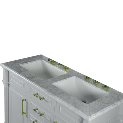 Bellaterra Home Napa 48" 2-Door 4-Drawer Gray Freestanding Vanity Set With Ceramic Double Undermount Rectangular Sink and White Carrara Marble Top, and Gold Hardware