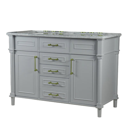 Bellaterra Home Napa 48" 2-Door 4-Drawer Gray Freestanding Vanity Set With Ceramic Double Undermount Rectangular Sink and White Carrara Marble Top, and Gold Hardware