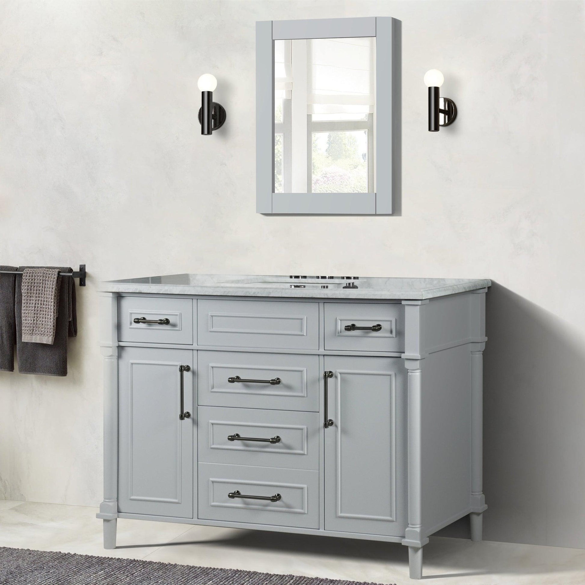 Bellaterra Home Napa 48" 2-Door 4-Drawer Gray Freestanding Vanity Set With Ceramic Undermount Rectangular Sink and White Carrara Marble Top, and Black Hardware