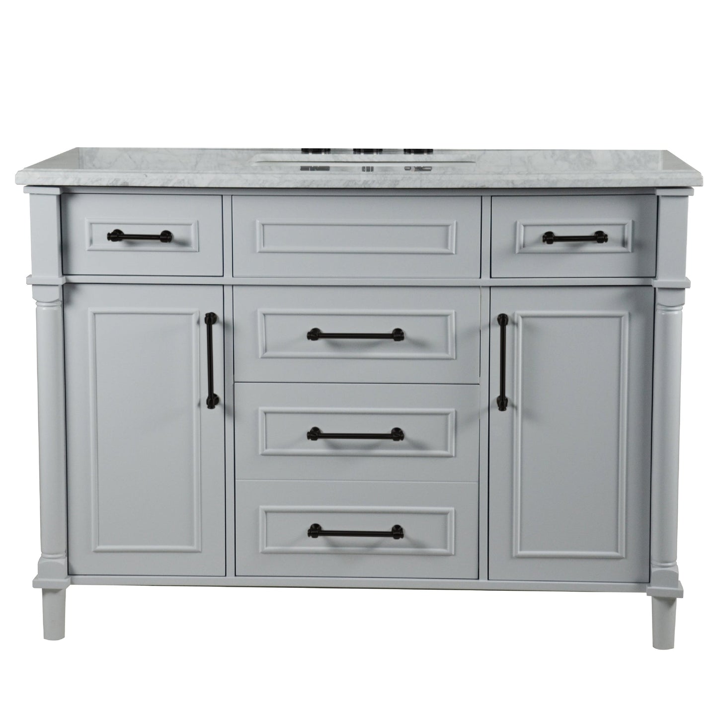 Bellaterra Home Napa 48" 2-Door 4-Drawer Gray Freestanding Vanity Set With Ceramic Undermount Rectangular Sink and White Carrara Marble Top, and Black Hardware