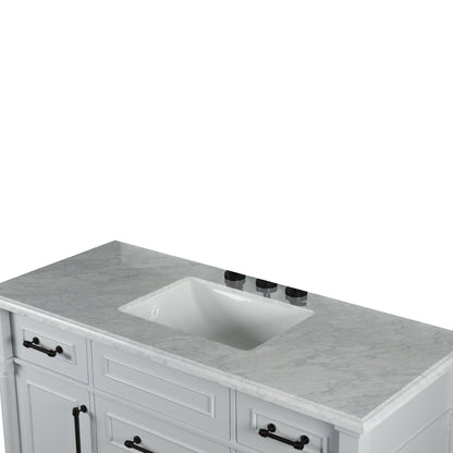 Bellaterra Home Napa 48" 2-Door 4-Drawer Gray Freestanding Vanity Set With Ceramic Undermount Rectangular Sink and White Carrara Marble Top, and Black Hardware