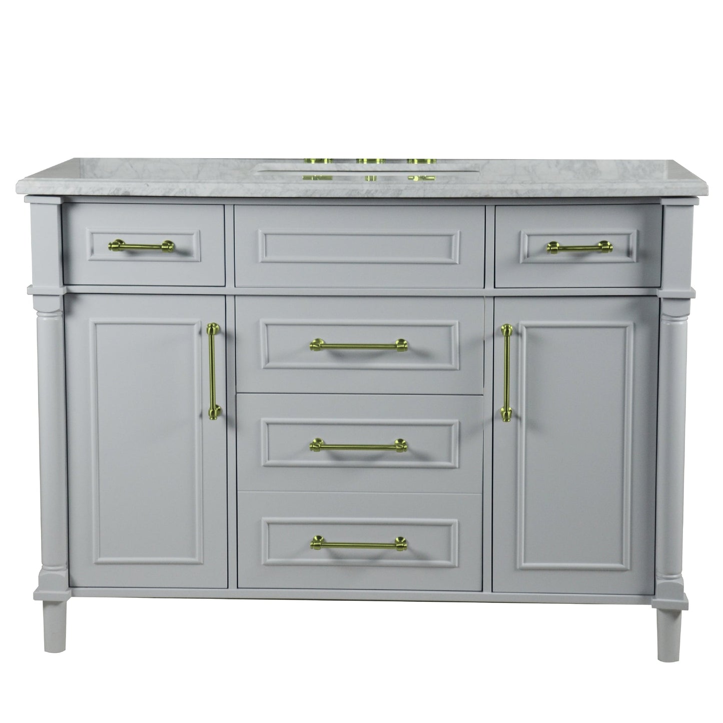 Bellaterra Home Napa 48" 2-Door 4-Drawer Gray Freestanding Vanity Set With Ceramic Undermount Rectangular Sink and White Carrara Marble Top, and Gold Hardware