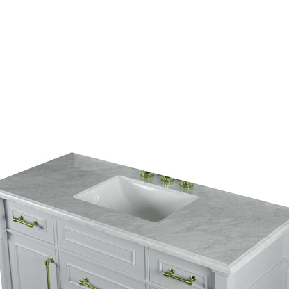 Bellaterra Home Napa 48" 2-Door 4-Drawer Gray Freestanding Vanity Set With Ceramic Undermount Rectangular Sink and White Carrara Marble Top, and Gold Hardware