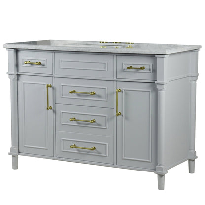 Bellaterra Home Napa 48" 2-Door 4-Drawer Gray Freestanding Vanity Set With Ceramic Undermount Rectangular Sink and White Carrara Marble Top, and Gold Hardware