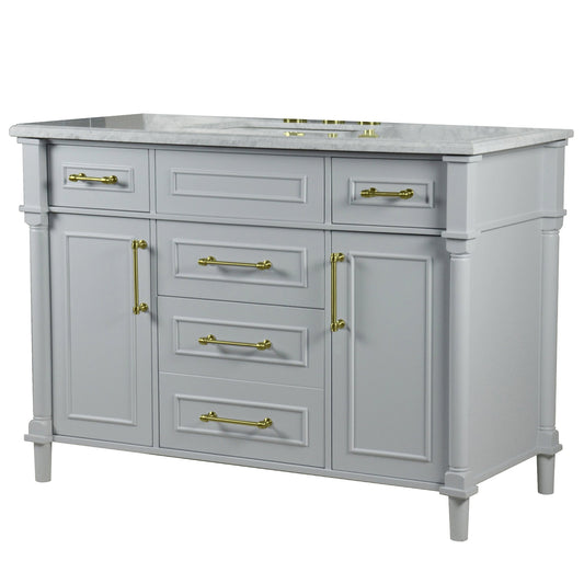 Bellaterra Home Napa 48" 2-Door 4-Drawer Gray Freestanding Vanity Set With Ceramic Undermount Rectangular Sink and White Carrara Marble Top, and Gold Hardware