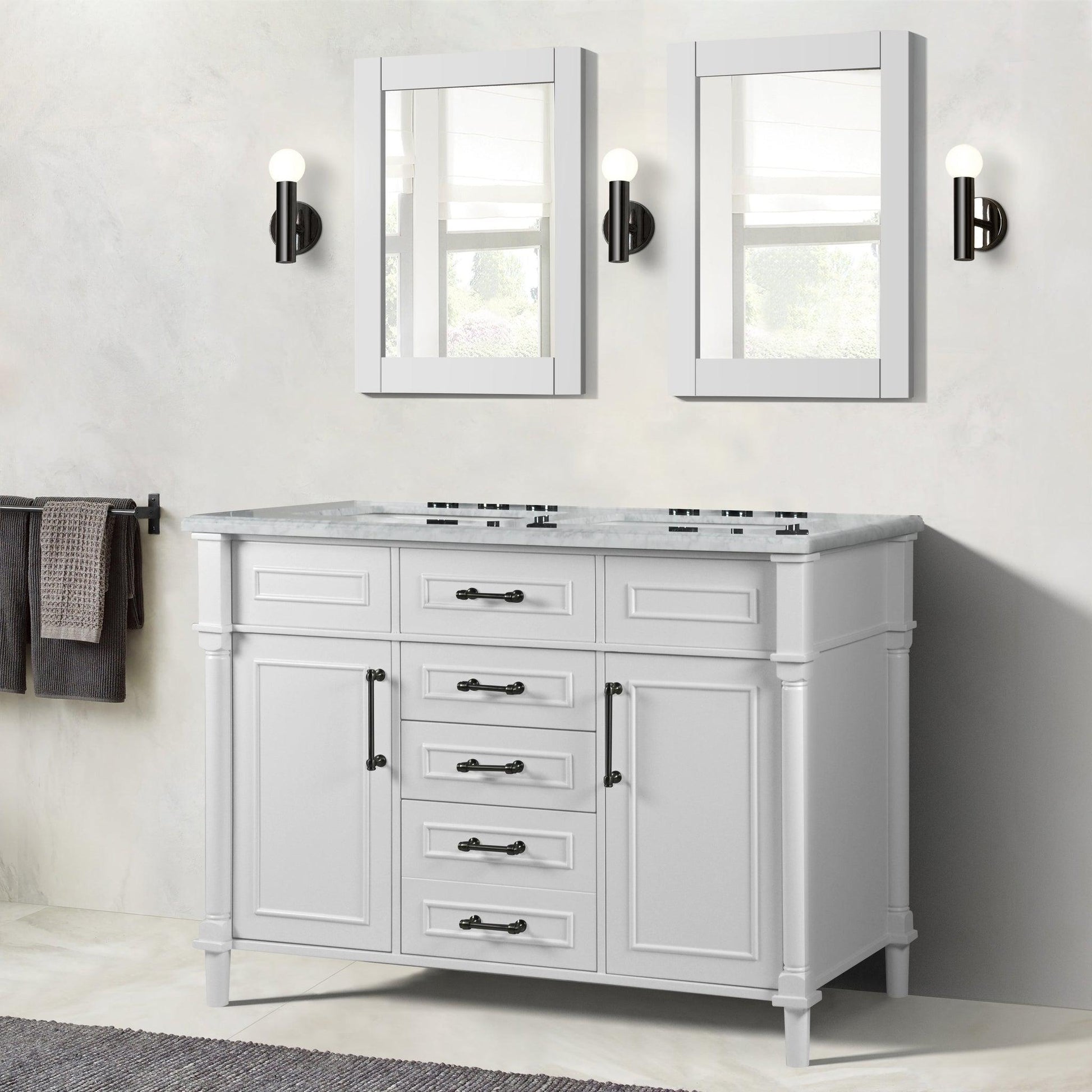 Bellaterra Home Napa 48" 2-Door 4-Drawer White Freestanding Vanity Set With Ceramic Double Undermount Rectangular Sink and White Carrara Marble Top, and Black Hardware