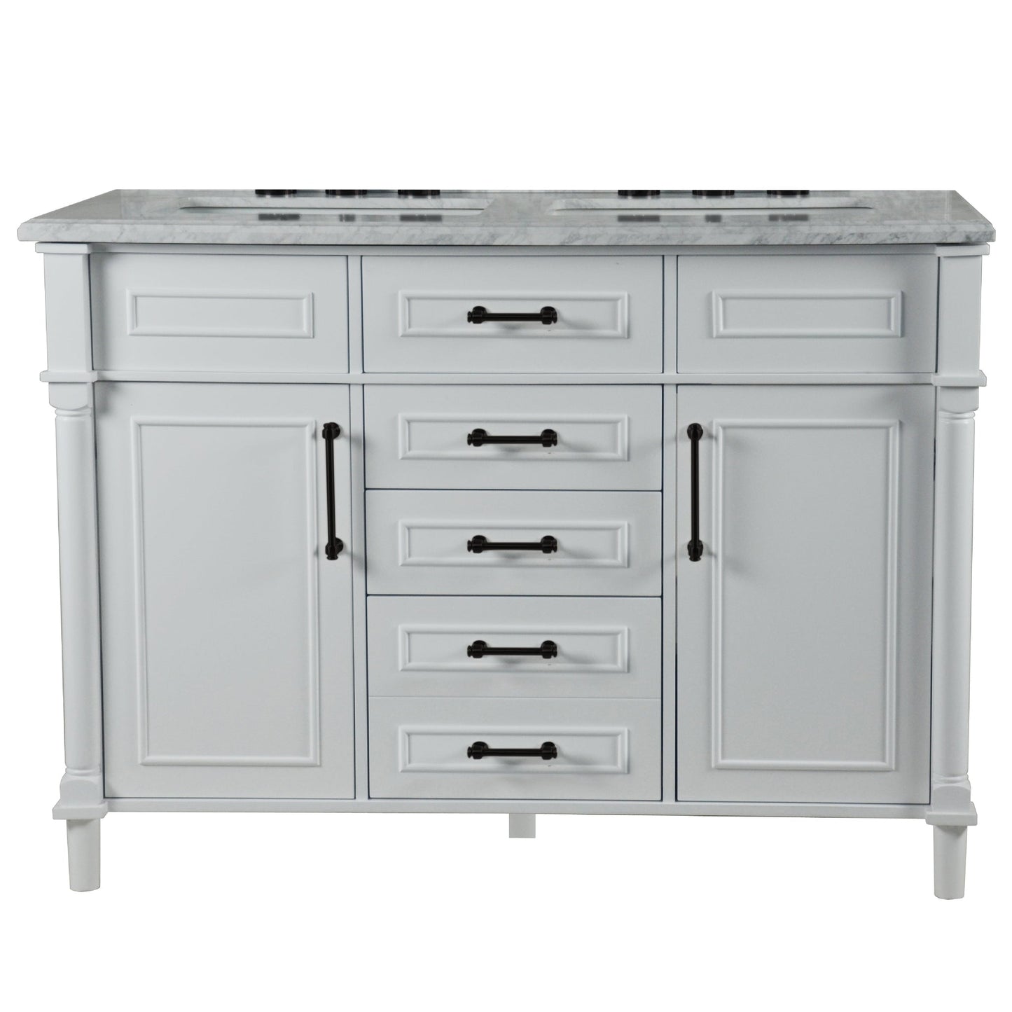 Bellaterra Home Napa 48" 2-Door 4-Drawer White Freestanding Vanity Set With Ceramic Double Undermount Rectangular Sink and White Carrara Marble Top, and Black Hardware