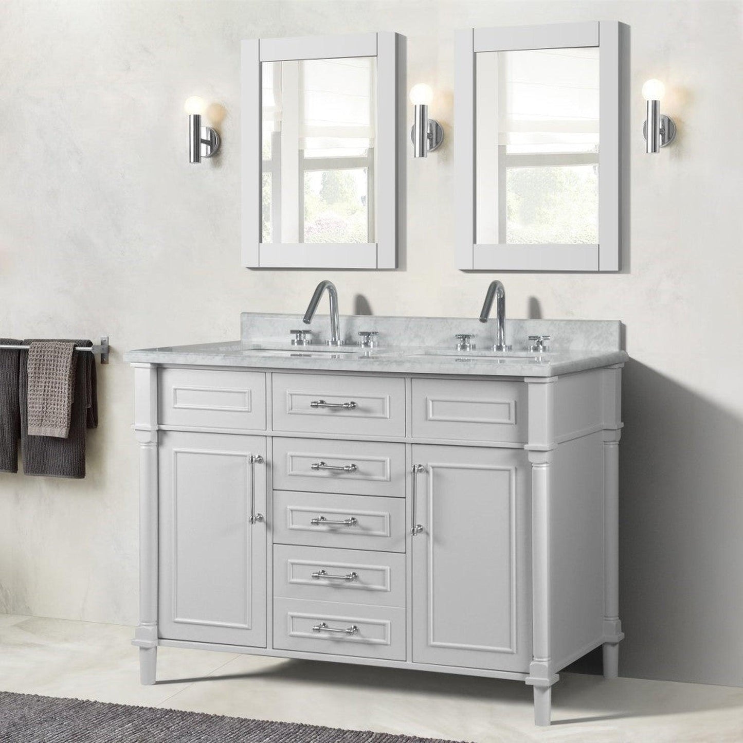 Bellaterra Home Napa 48" 2-Door 4-Drawer White Freestanding Vanity Set With Ceramic Double Undermount Rectangular Sink and White Carrara Marble Top, and Brushed Nickel Hardware