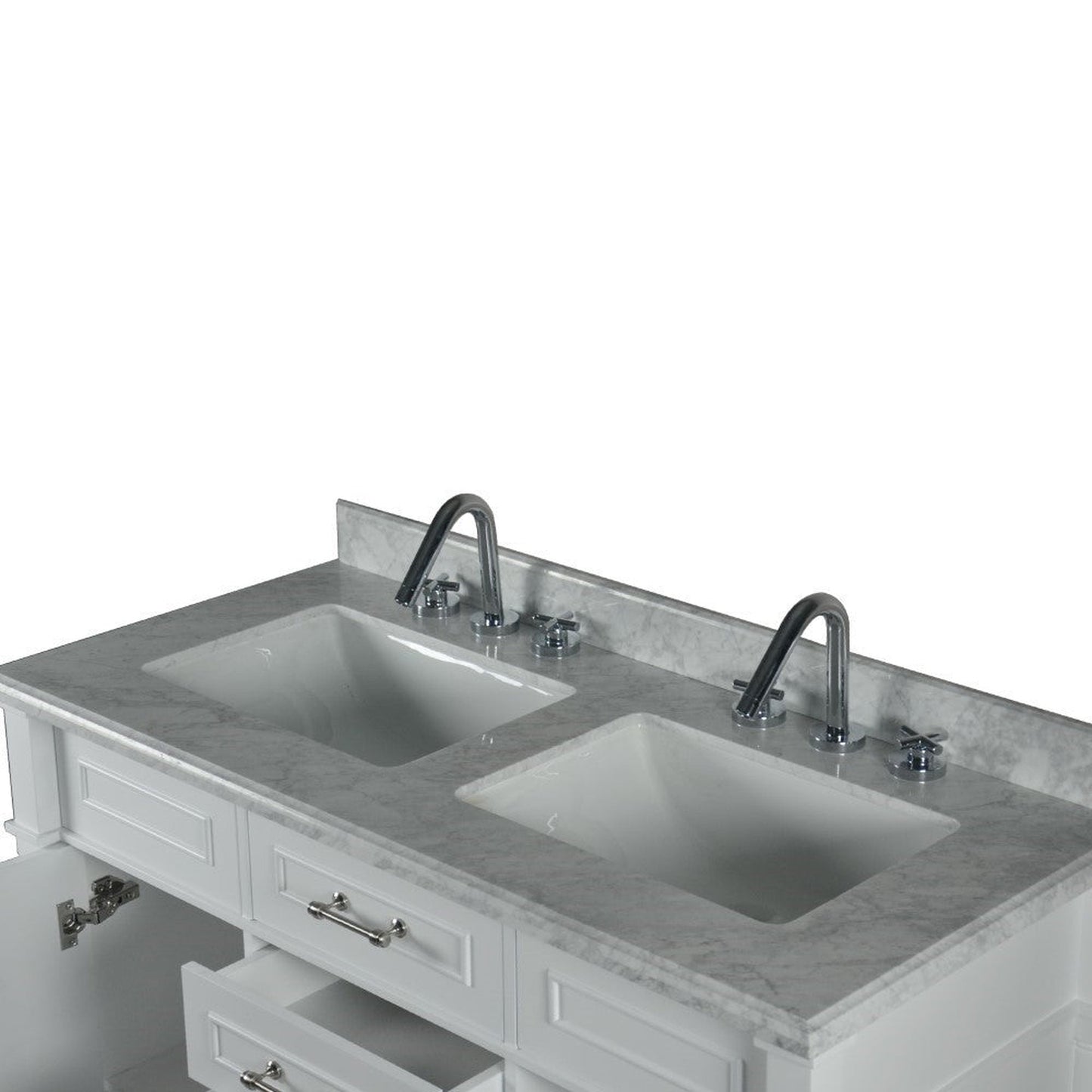 Bellaterra Home Napa 48" 2-Door 4-Drawer White Freestanding Vanity Set With Ceramic Double Undermount Rectangular Sink and White Carrara Marble Top, and Brushed Nickel Hardware