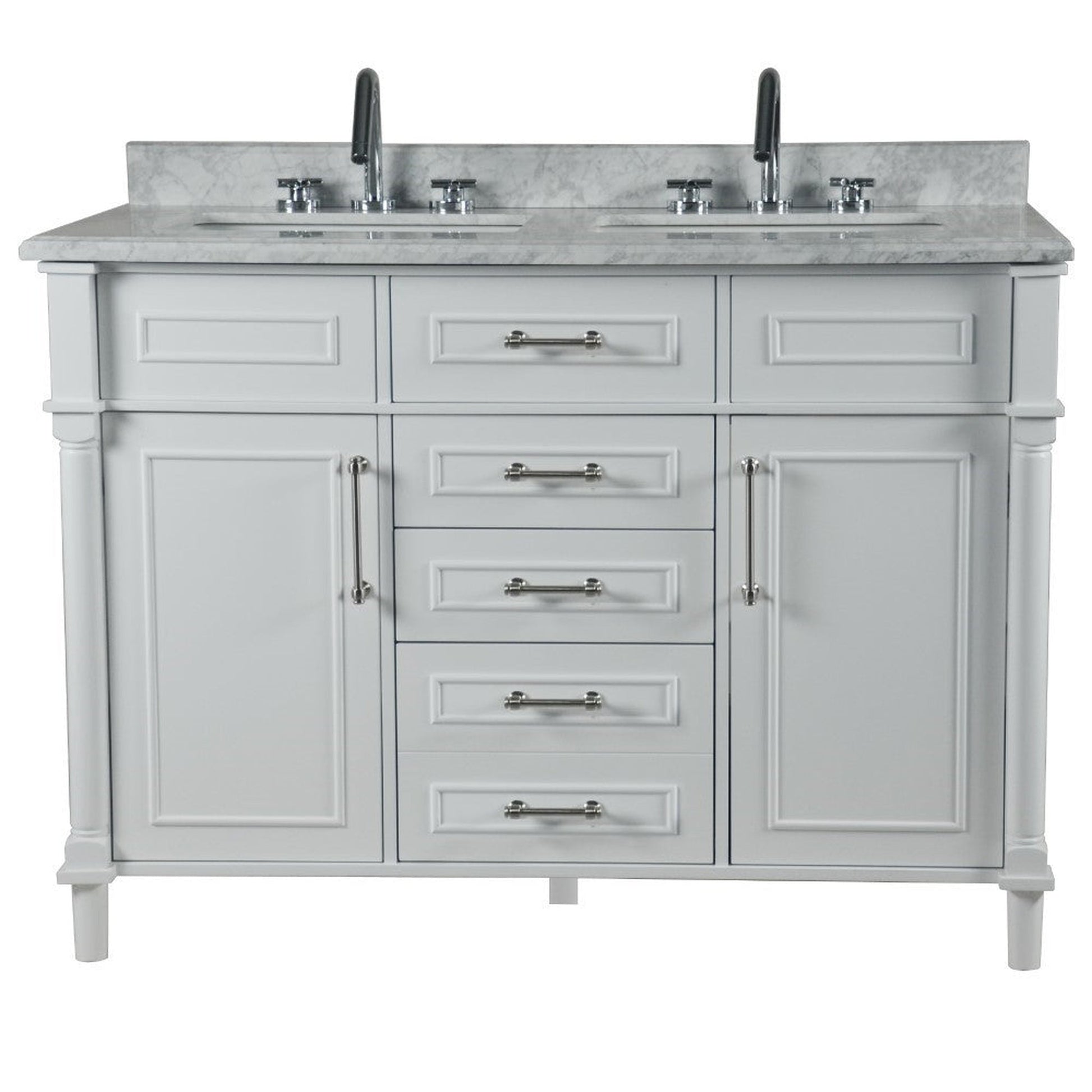 Bellaterra Home Napa 48" 2-Door 4-Drawer White Freestanding Vanity Set With Ceramic Double Undermount Rectangular Sink and White Carrara Marble Top, and Brushed Nickel Hardware