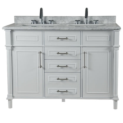 Bellaterra Home Napa 48" 2-Door 4-Drawer White Freestanding Vanity Set With Ceramic Double Undermount Rectangular Sink and White Carrara Marble Top, and Brushed Nickel Hardware