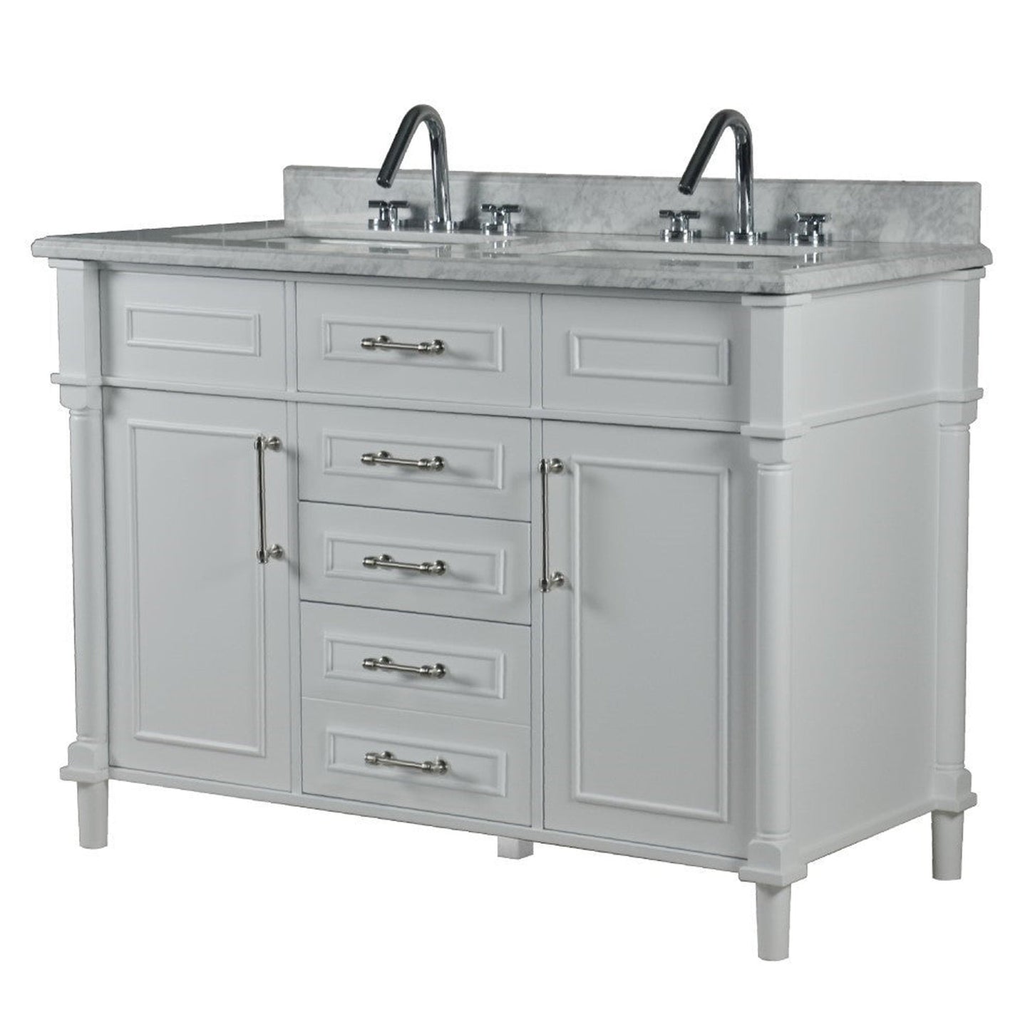 Bellaterra Home Napa 48" 2-Door 4-Drawer White Freestanding Vanity Set With Ceramic Double Undermount Rectangular Sink and White Carrara Marble Top, and Brushed Nickel Hardware