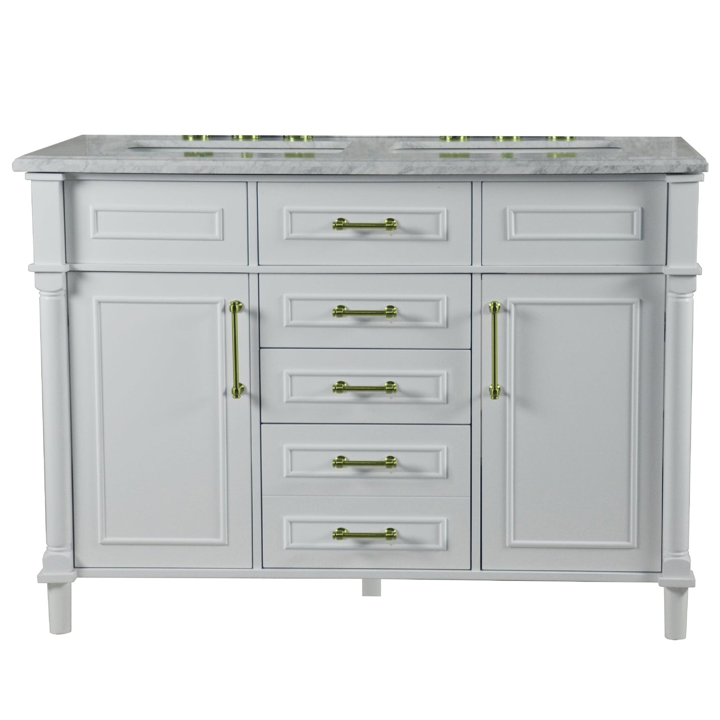 Bellaterra Home Napa 48" 2-Door 4-Drawer White Freestanding Vanity Set With Ceramic Double Undermount Rectangular Sink and White Carrara Marble Top, and Gold Hardware