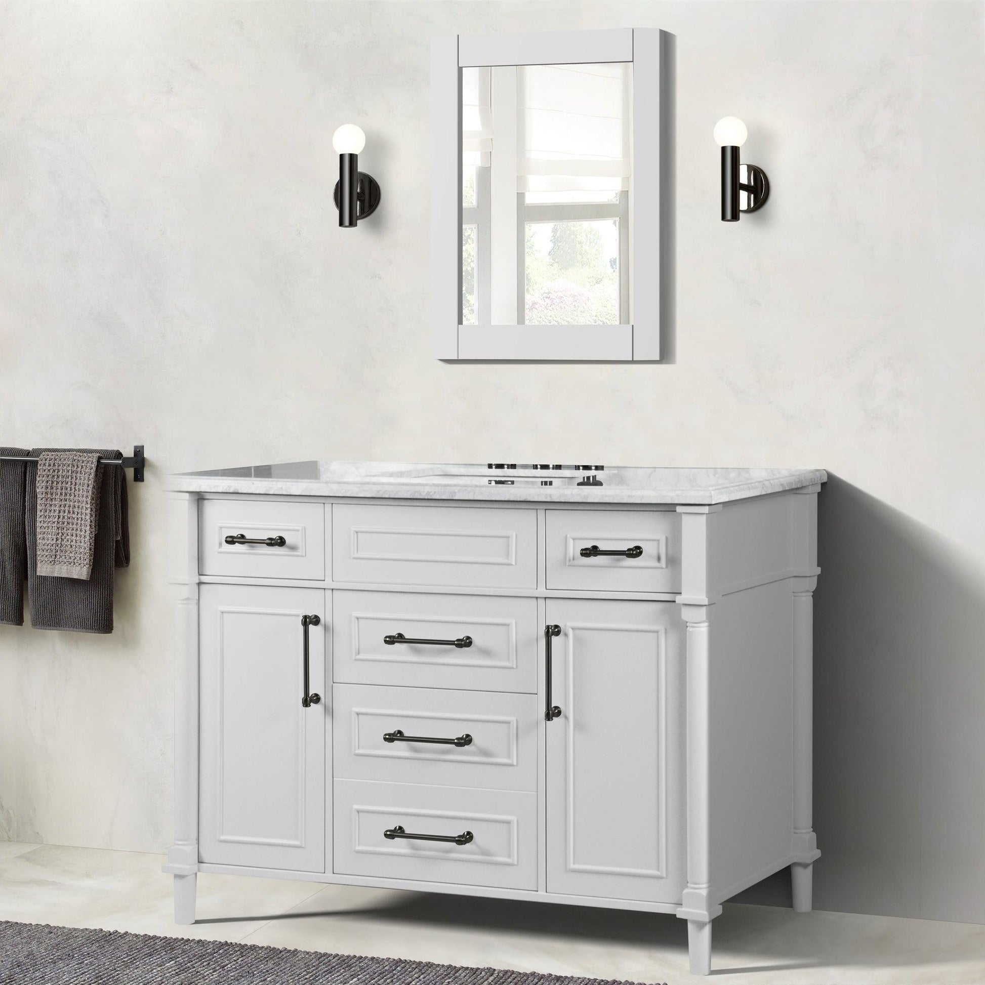 Bellaterra Home Napa 48" 2-Door 4-Drawer White Freestanding Vanity Set With Ceramic Undermount Rectangular Sink and White Carrara Marble Top, and Black Hardware