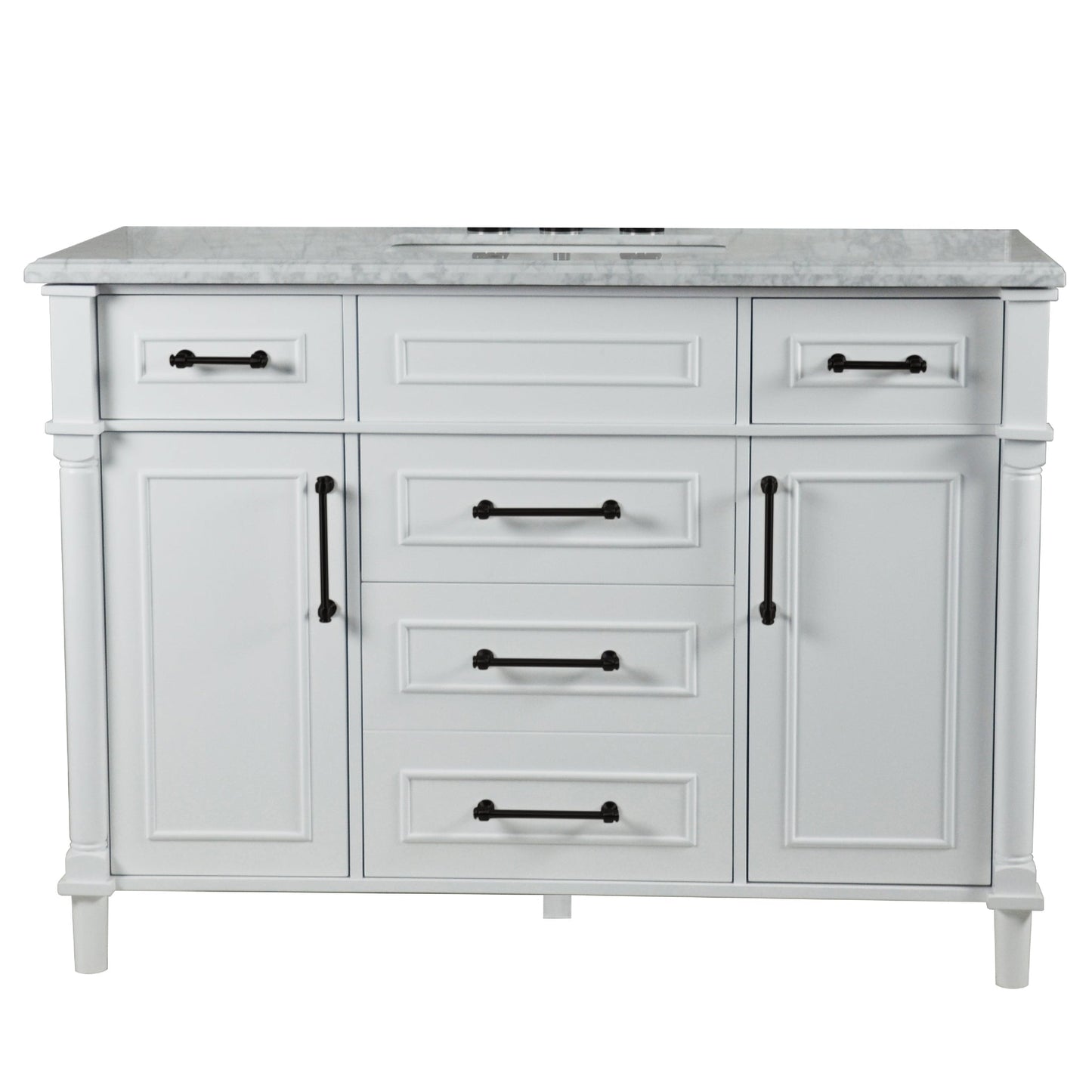 Bellaterra Home Napa 48" 2-Door 4-Drawer White Freestanding Vanity Set With Ceramic Undermount Rectangular Sink and White Carrara Marble Top, and Black Hardware